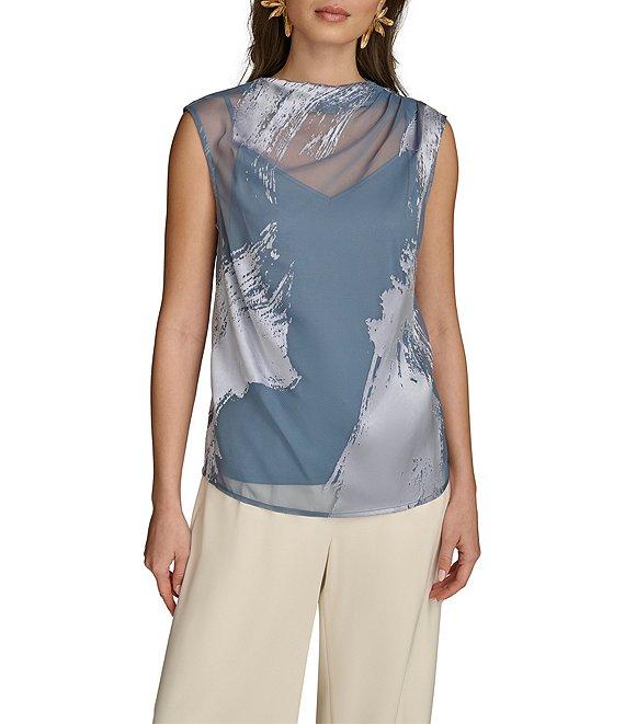 Donna Karan Charmeuse Burnout Ruched Mock Neck Pleated Shoulder Sleeveless Top Product Image
