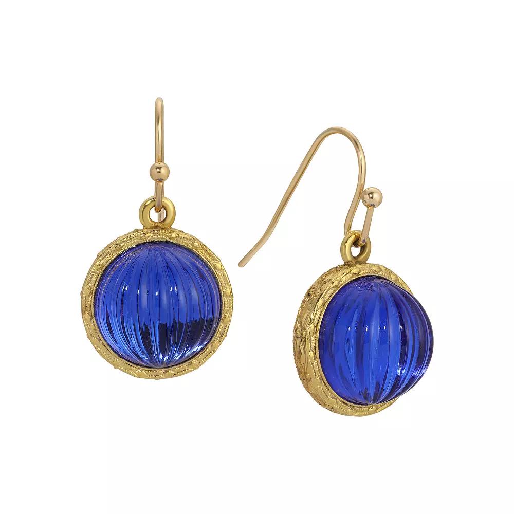 1928 Gold Tone Round Blue Ribbed Stone Earrings, Women's Product Image
