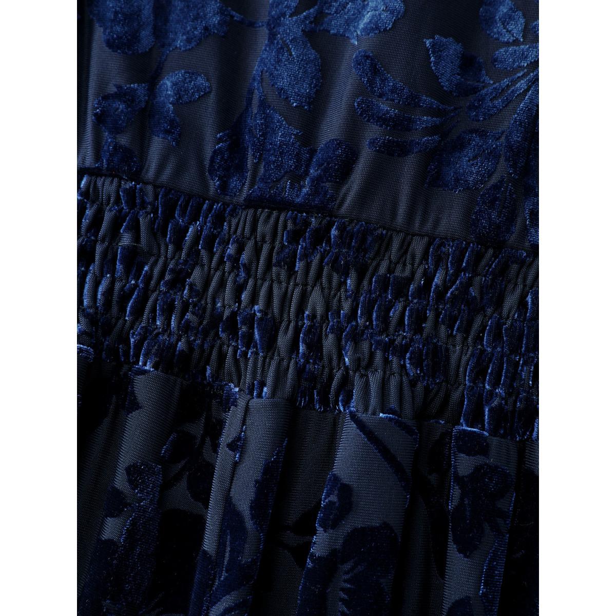 Plus Size Flocked Laser Cut Pleated Waist Midi Dress DarkBlue Women Romantic V-neck Short sleeve Curvy BloomChic 10/M Product Image