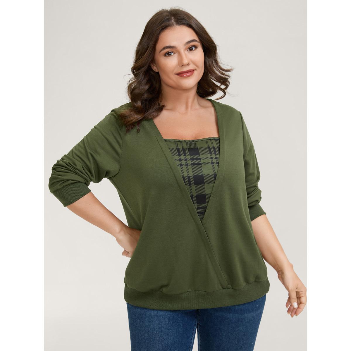 Plus Size Plaid Spliced Wrap Contrast Sweatshirt Women Deeppurple Leisure Square Neck Casual Sweatshirts BloomChic 18-20/2X Product Image