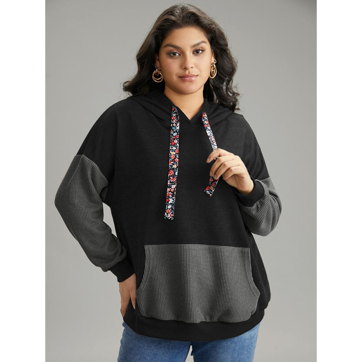 Plus Size Rib Knit Patchwork Ditsy Floral Ties Sweatshirt Women Black Elegant Rib Knit Hooded Dailywear Sweatshirts BloomChic 12/L Product Image