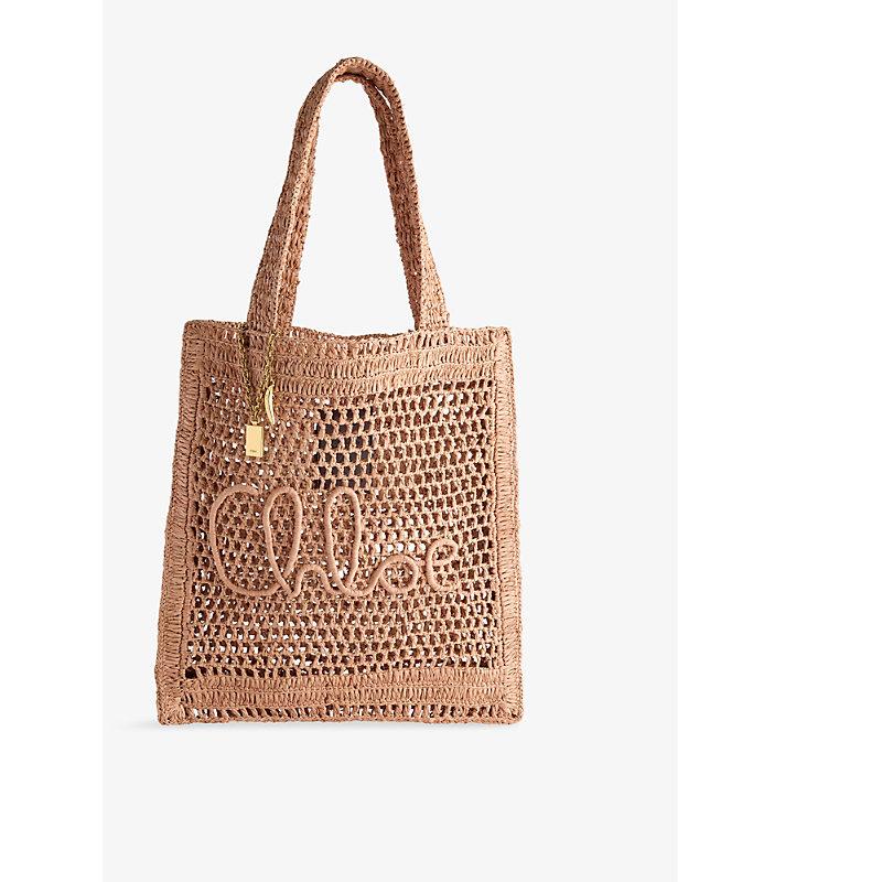 CHLOÉ Summer Banana Embellished Crocheted Embroidered Faux Raffia Tote In Beige Product Image