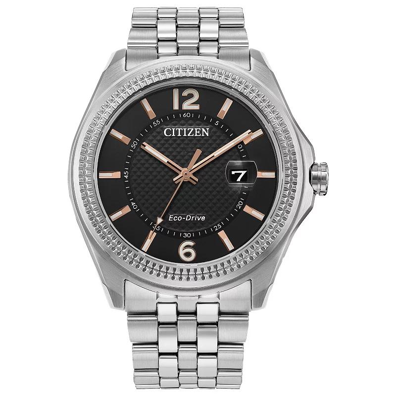 Citizen Mens Eco-Drive Corso Stainless Steel Black Dial Coin Edge Bezel Bracelet Watch - AW1740-54H Silver Product Image