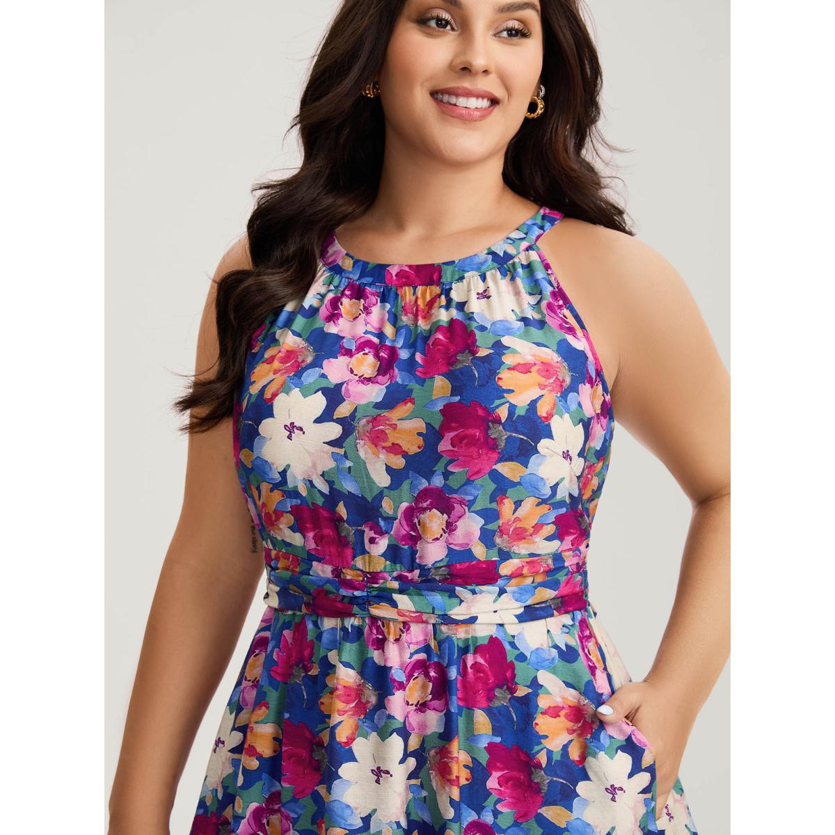 Plus Size Color Block Floral Shirred Waist Midi Dress Multicolor Women Round Neck Sleeveless Curvy BloomChic 10/M Product Image