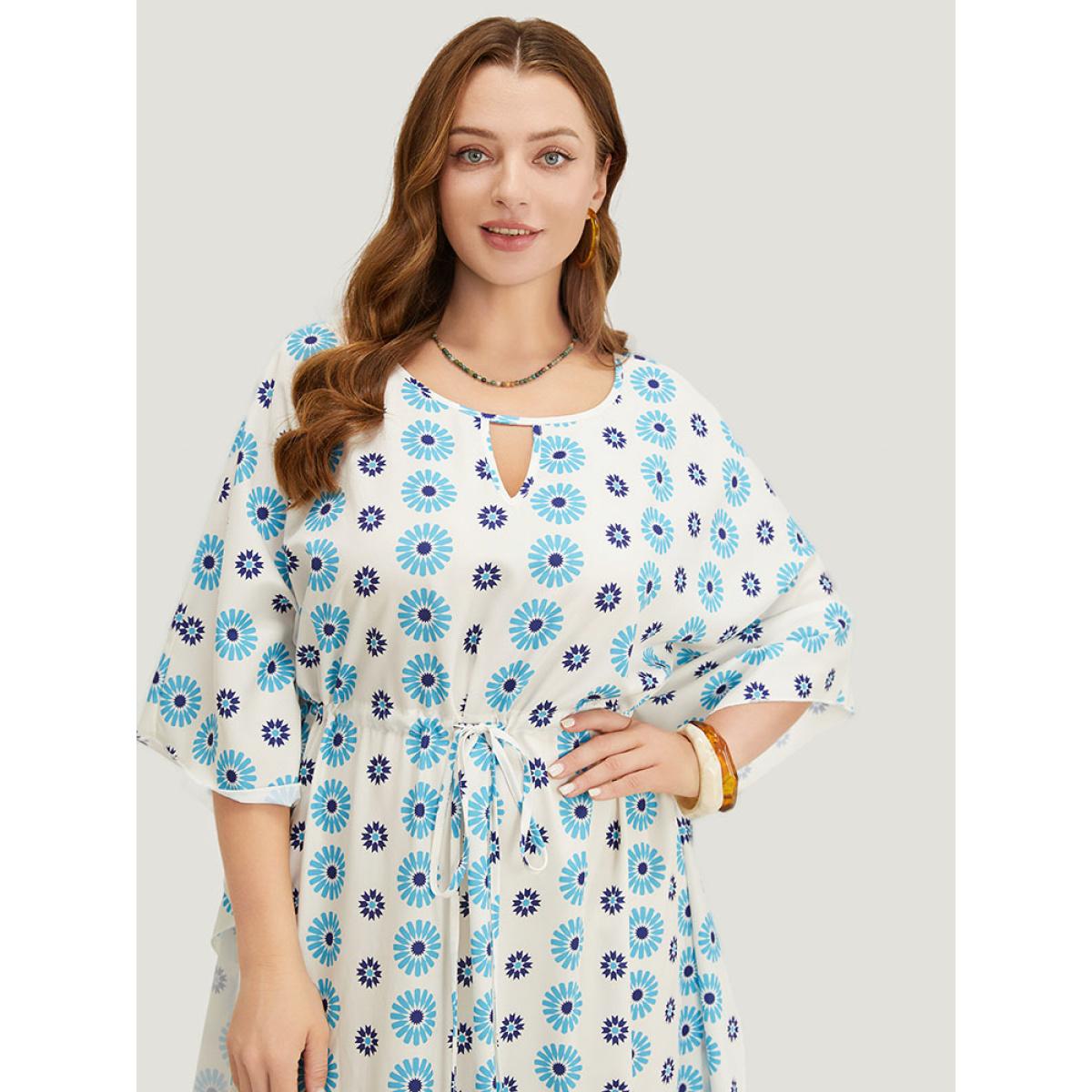 Plus Size Floral Batwing Sleeve Keyhole Knotted Neck Split Dress Cerulean Women Vacation Round Neck Half Sleeve Curvy Midi Dress BloomChic 10/M Product Image