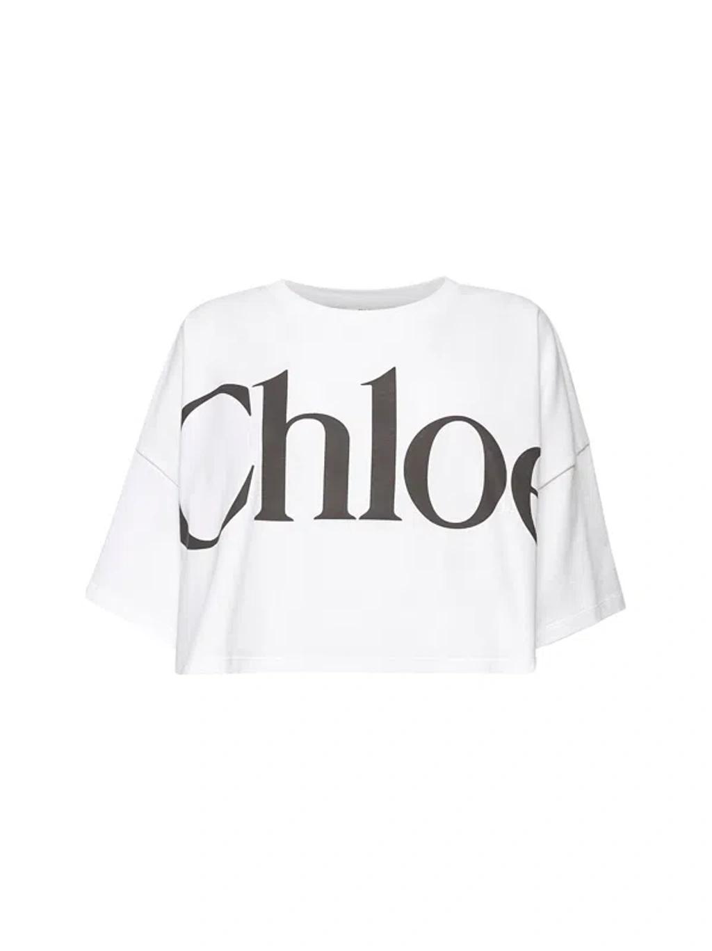 CHLOÉ White Cropped Crewneck T-shirt With Maxi Logo Print On The Front In Cotton Woman In Multicolor Product Image