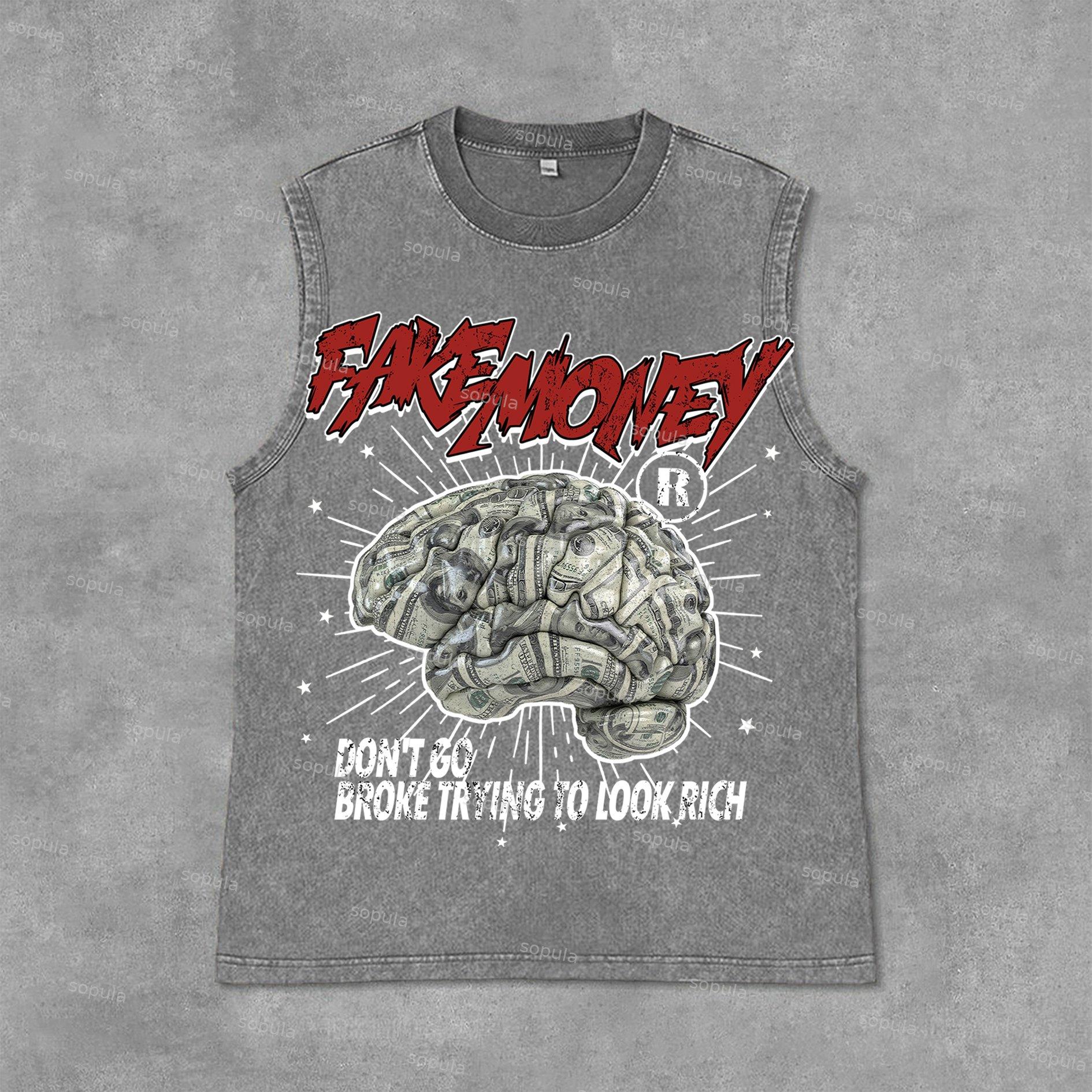 Sopula Don't Go Broke Trying To Look Rich Graphic Print Acid Washed Sleeveless Tank Top Product Image