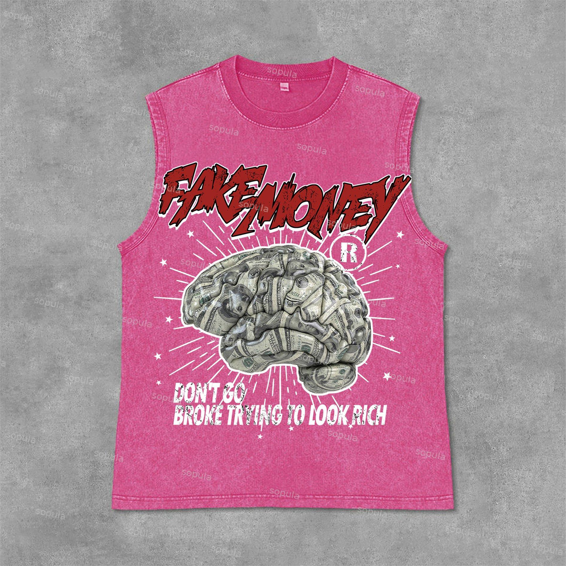Sopula Don't Go Broke Trying To Look Rich Graphic Print Acid Washed Sleeveless Tank Top Product Image