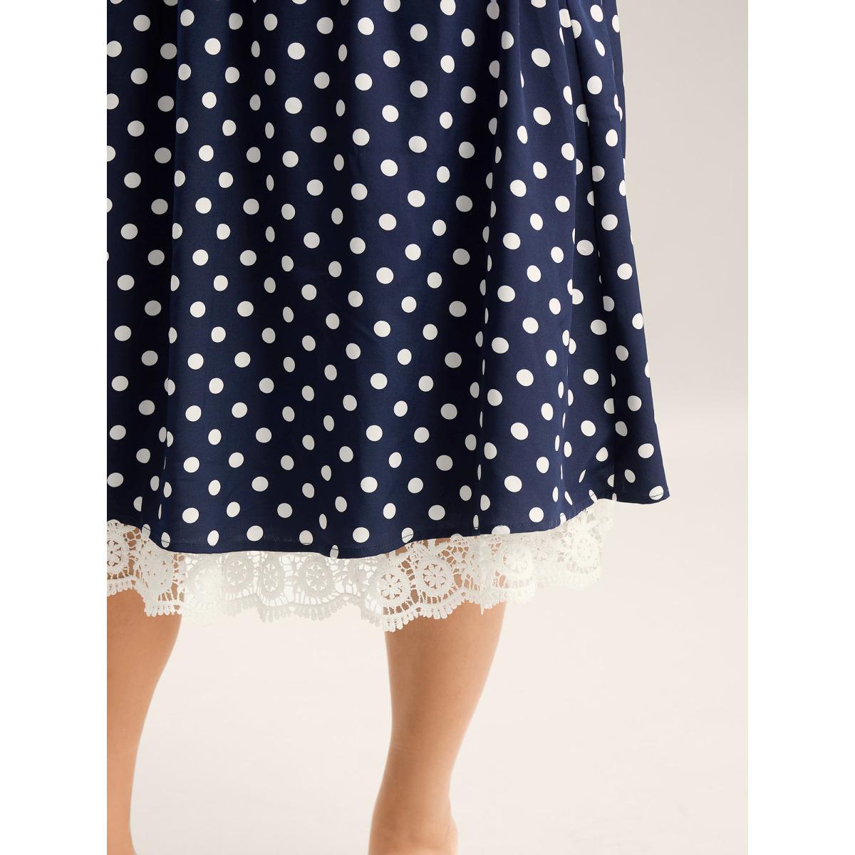 Plus Size Polka Dots Print Adjustable Lace Midi Dress DarkBlue Women Non Sleeveless Curvy BloomChic 22-24/3X Product Image