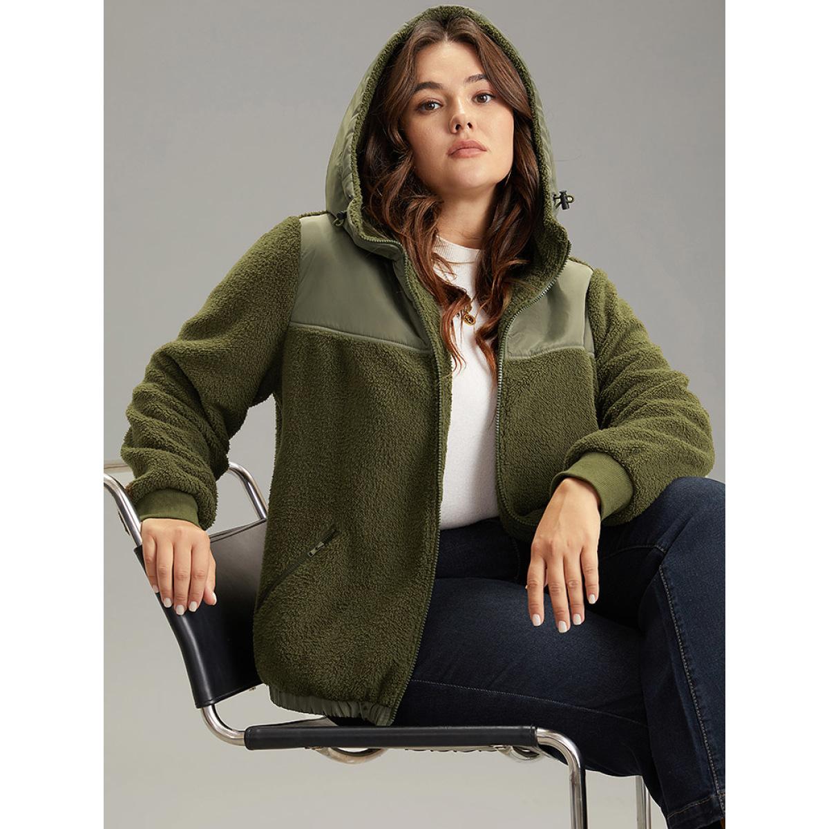Plus Size Patchwork Zipper Rib Knit Hooded Teddy Jacket Women ArmyGreen Rib Knit Pocket Dailywear Jackets BloomChic 14-16/1X Product Image