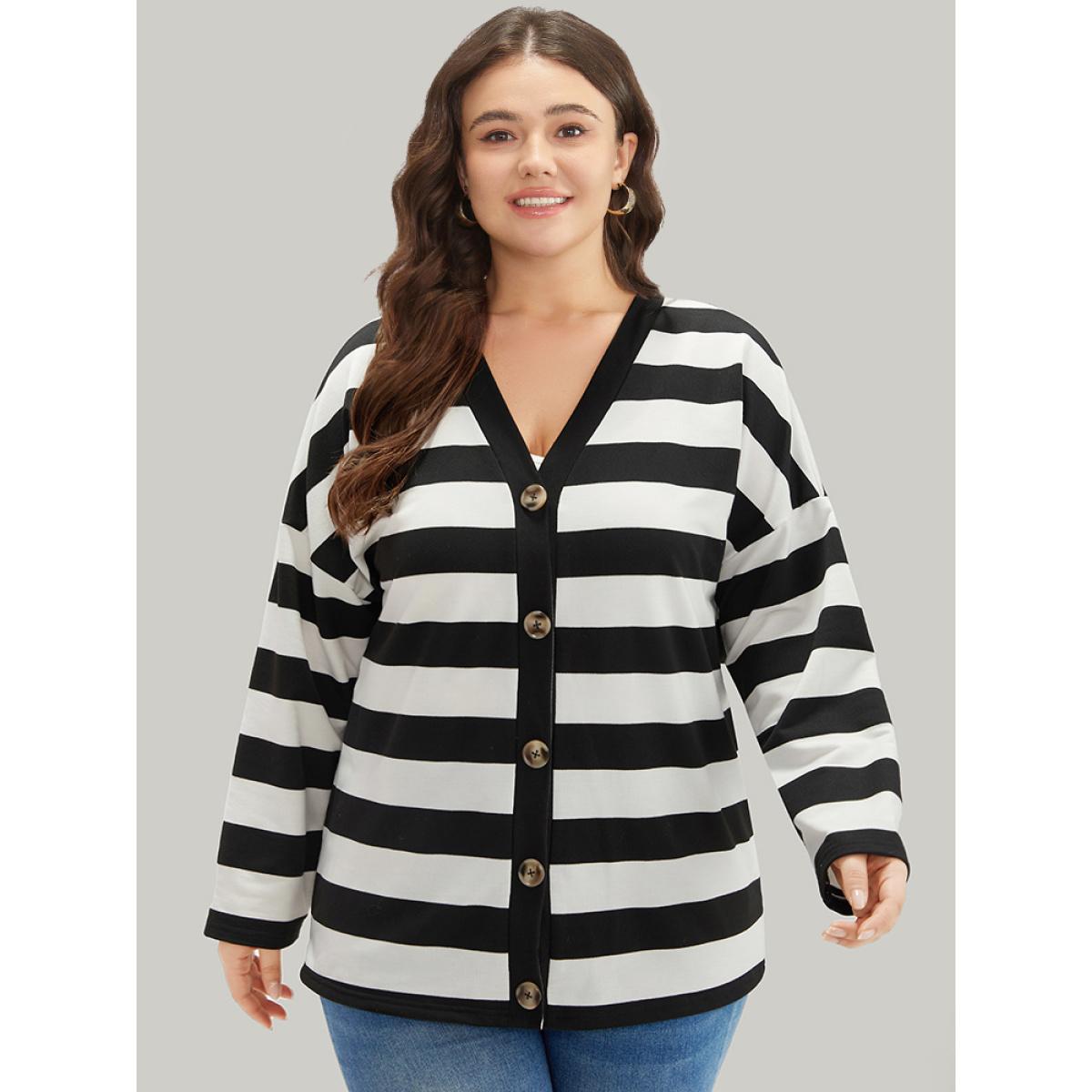 Plus Size Halloween Striped Button Through Jacket Women Black Casual Contrast Ladies Dailywear Winter Coats BloomChic 18-20/2X Product Image