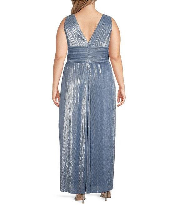 Jessica Howard Plus Size Sleeveless V-Neck Pleated Metallic Knit Gown Product Image