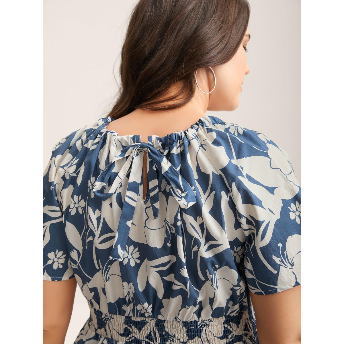 Plus Size Mediumblue Cotton Silhouette Floral Print Shirred Waist Blouse Women Short sleeve Round Neck Vacation Blouses BloomChic 18-20/2X Product Image