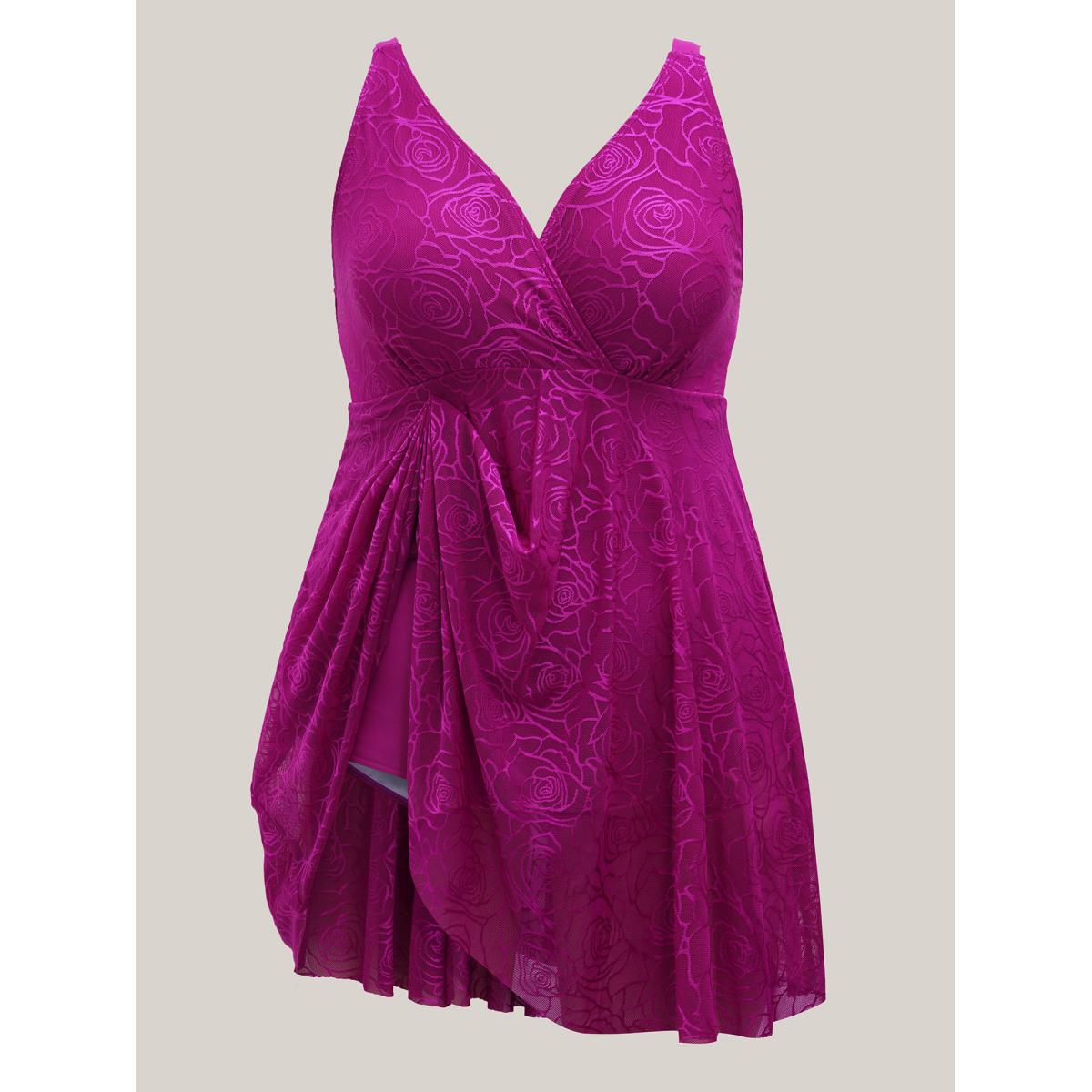 Plus Size Rosy Pattern Surplice Neck Flared Swim Dress Women's Swimwear RedViolet Beach Bodycon Overlap Collar High stretch Curve Swim Dresses BloomChic 14-16/1X Product Image