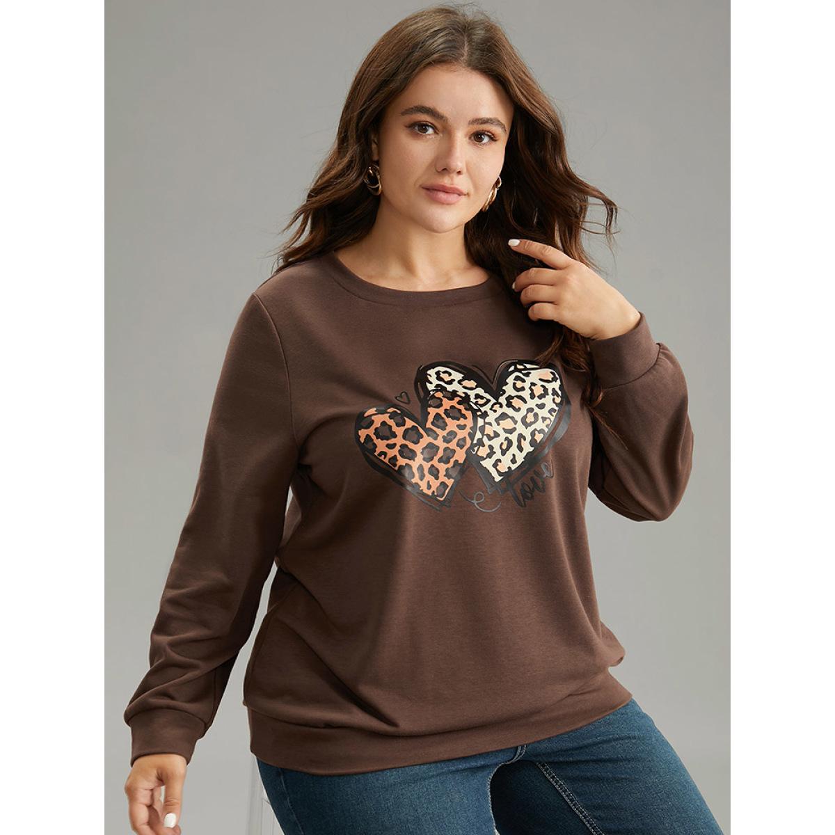 Plus Size Heart Leopard Round Neck Sweatshirt Women DarkBrown Casual Printed Dailywear Sweatshirts BloomChic 14-16/1X Product Image