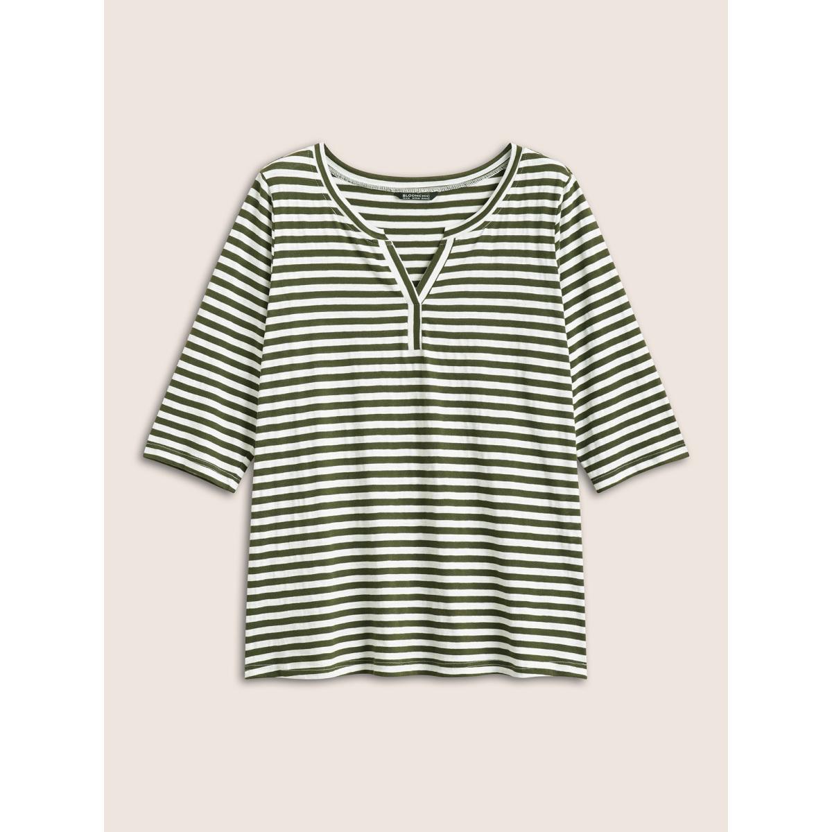 Plus Size Striped Print Notched T-shirt ArmyGreen Women Casual Contrast Striped Notched collar Everyday T-shirts BloomChic 30/6X Product Image