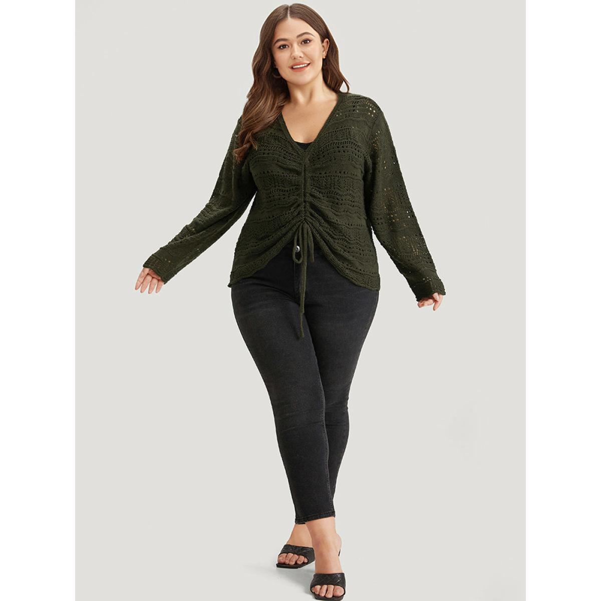 Plus Size Plain Drawstring Hem V Neck Pullover ArmyGreen Women Casual Loose Long Sleeve V-neck Everyday Pullovers BloomChic 26/4X Product Image