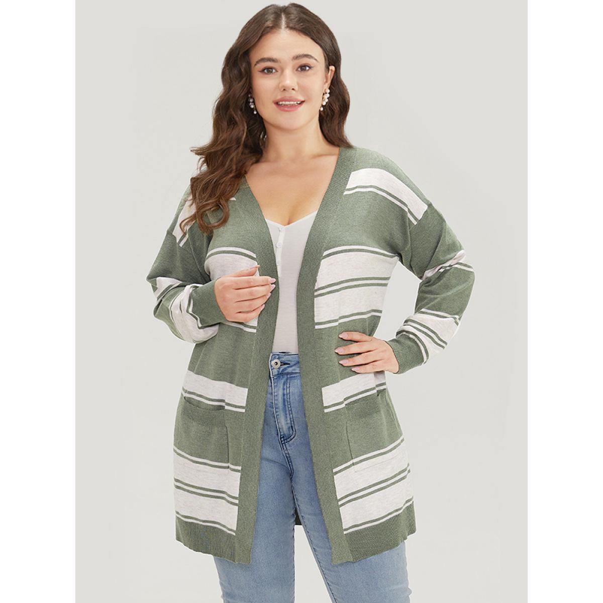 Plus Size Striped Patchwork Open Front Pocket Cardigan Green Women Casual Long Sleeve Everyday Cardigans BloomChic 22-24/3X Product Image