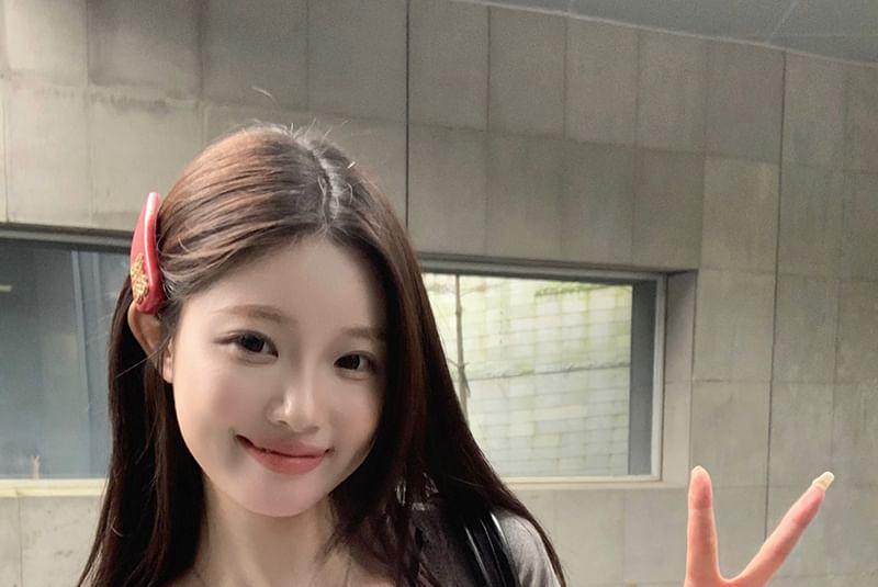 Short-Sleeve Plain Lace Trim Bow Tee Product Image