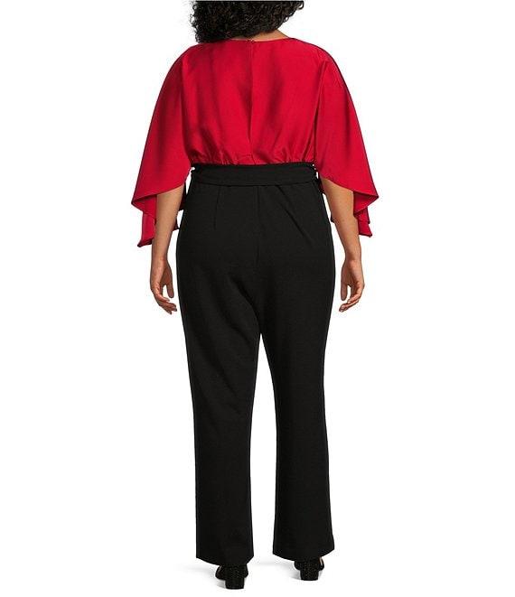Jessica Howard Plus Size Embellished Boat Neck Cape Sleeve Tie Waist Jumpsuit Product Image