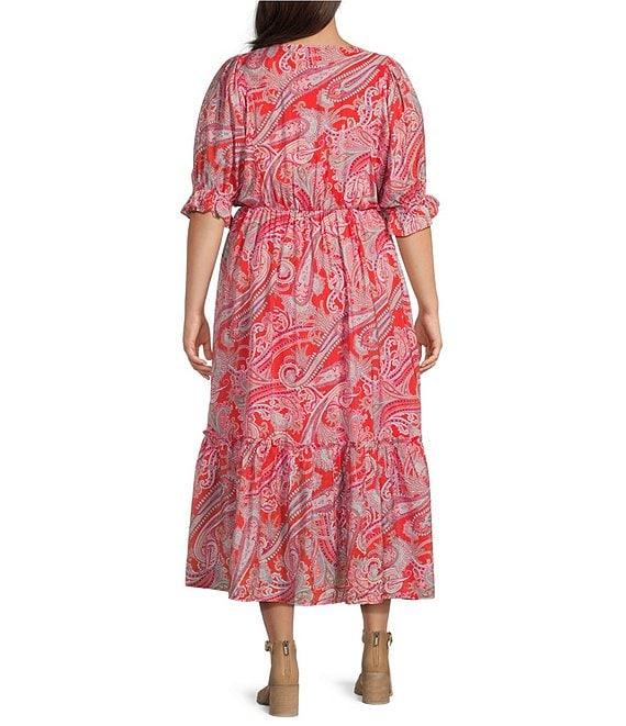 Calessa Plus Size Modern Paisley V-Neck Elbow Sleeve A-Line Tiered Dress Product Image
