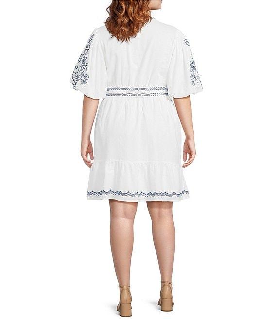 Eliza J Plus Size Embroidered Split V-Neckline Short Sleeve Shirt Dress Product Image