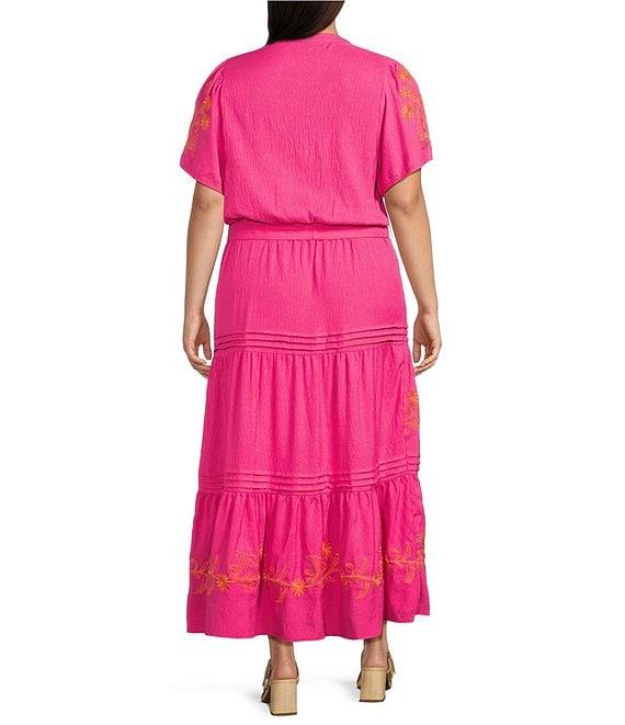 Calessa Plus Size Embroidered Split V-Neck Short Sleeve Belted Dress Product Image