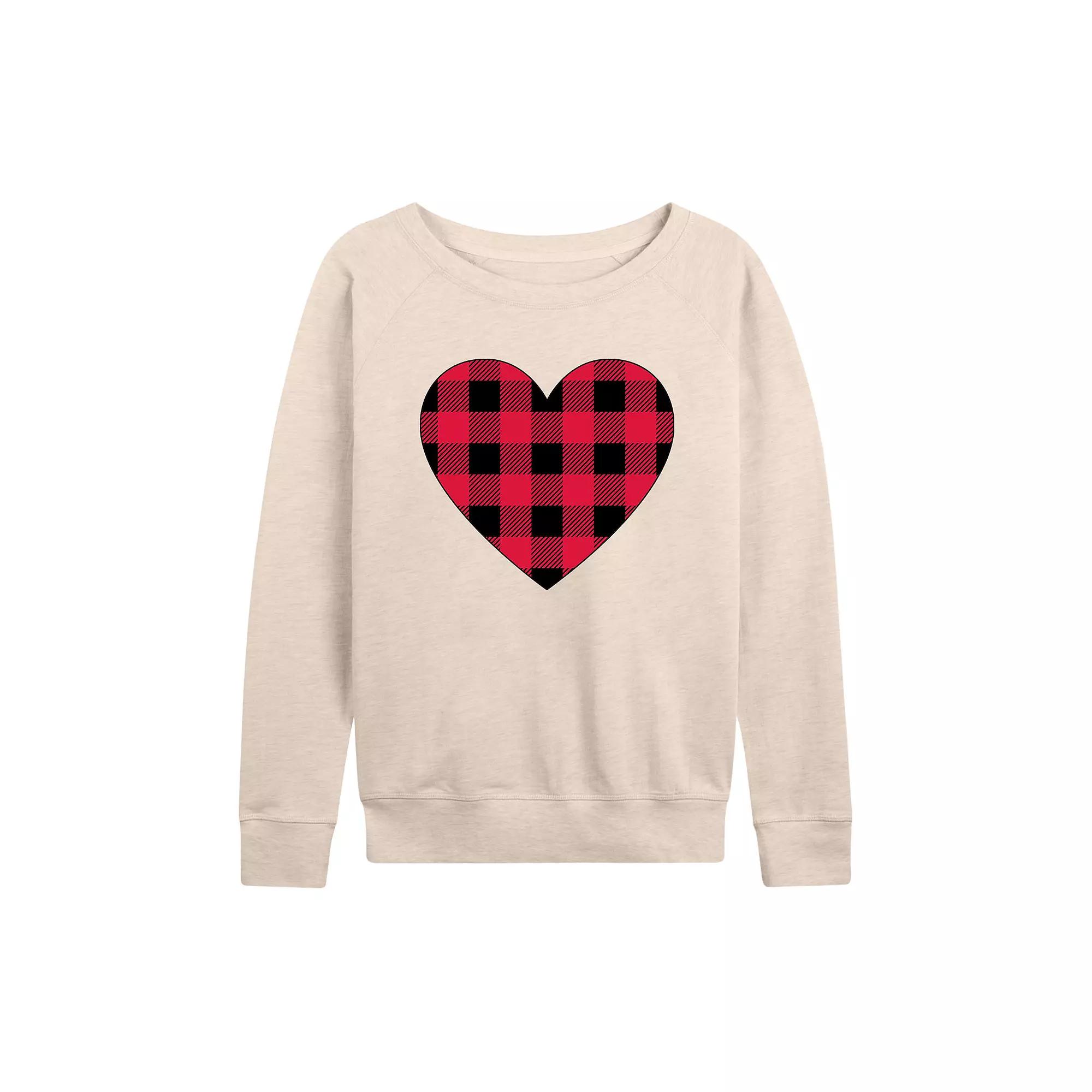 Women's Red Black Plaid Heart French Terry Long Sleeve Tee, Size: XL, Beige Product Image