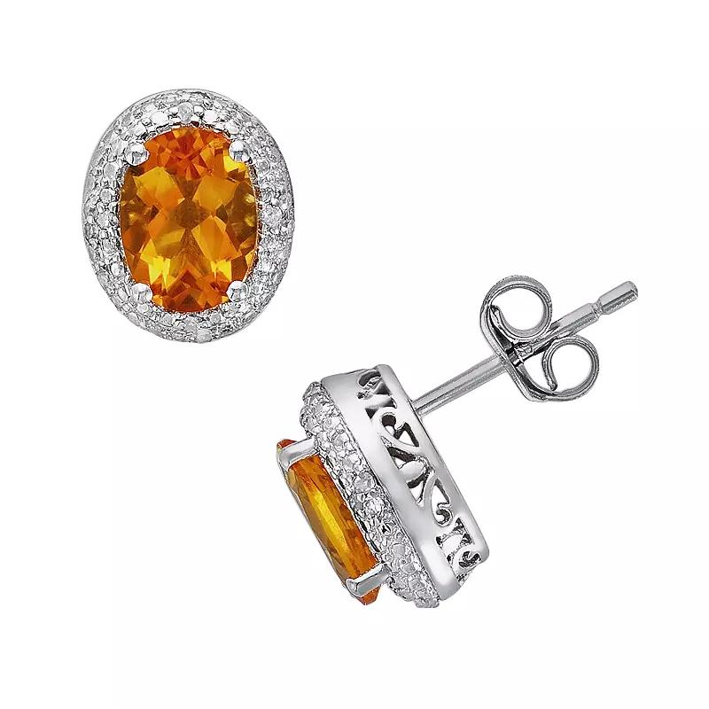 Oro Leoni Sterling Silver Citrine and Diamond Accent Oval Frame Stud Earrings, Women's, Orange Product Image