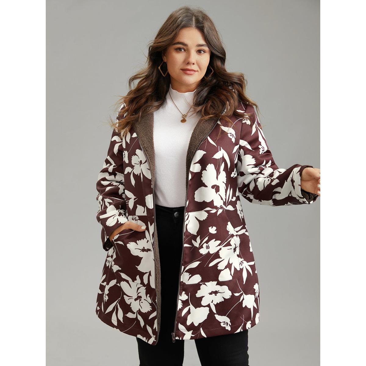 Plus Size Silhouette Floral Print Fuzzy Zipper Hooded Coat Women Scarlet Casual Lined Ladies Dailywear Winter Coats BloomChic 22-24/3X Product Image