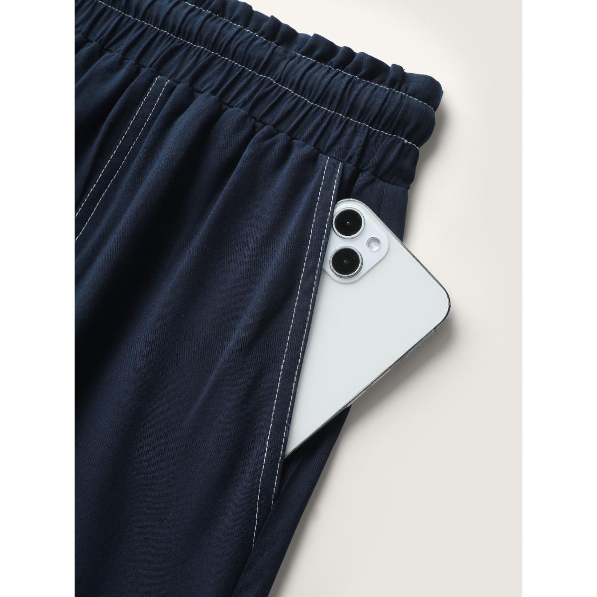 Plus Size Contrast Thread Detail Wide-Leg Pants Women Indigo Leisure Loose Mid Rise Casual Pants BloomChic 28/5X Product Image