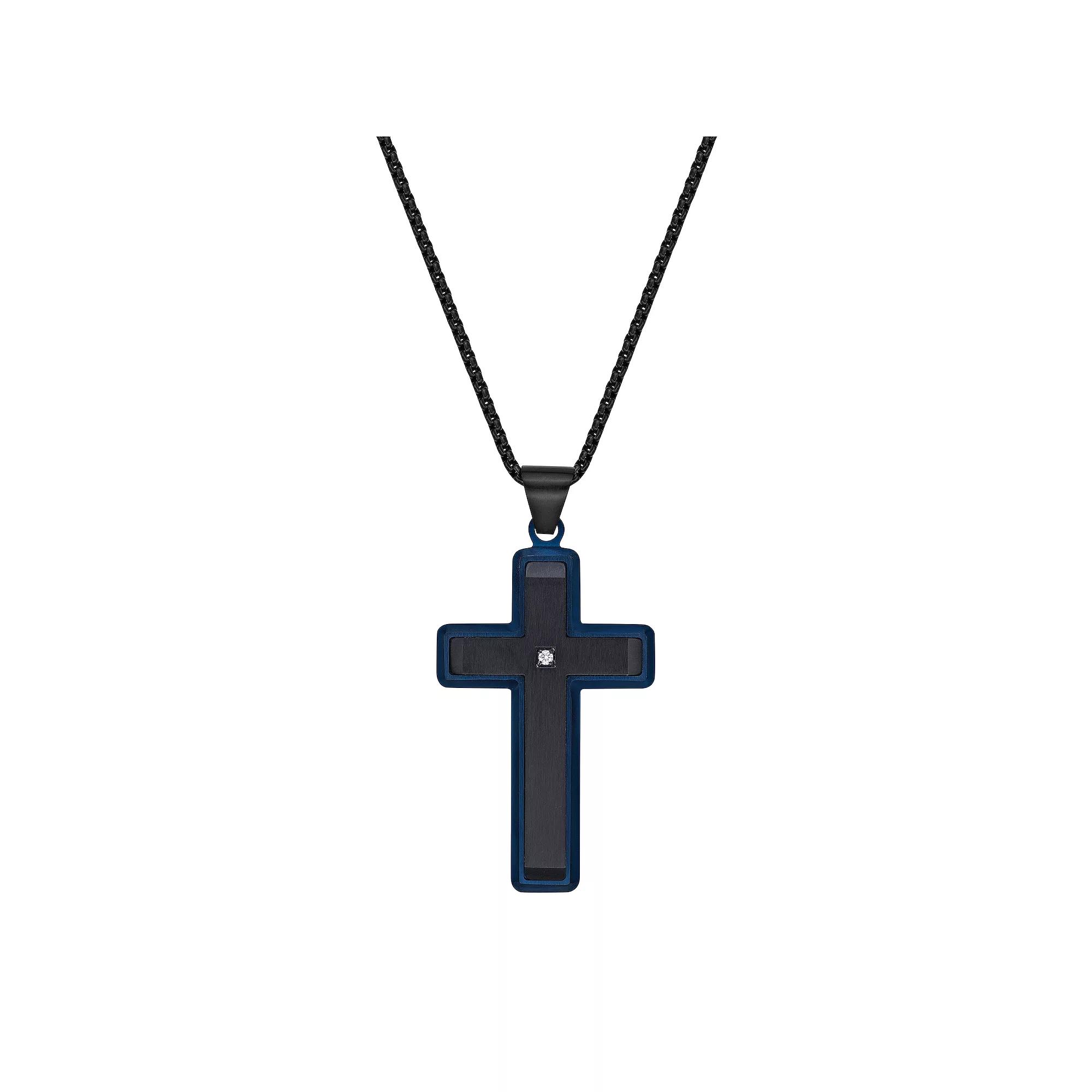 Men's LYNX Blue & Black Ion-Plated Stainless Steel Diamond Accent Cross Pendant Necklace, Size: 24" Product Image