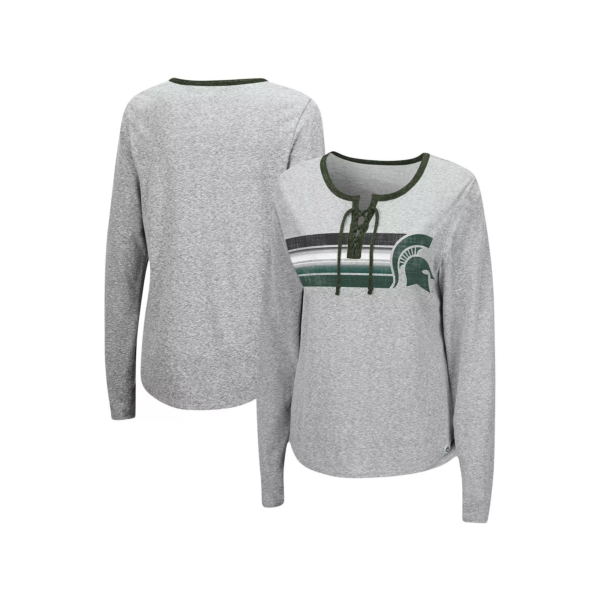 Women's Colosseum Heathered Gray Michigan State Spartans Sundial Tri-Blend Long Sleeve Lace-Up T-Shirt, Size: Small, Grey Product Image