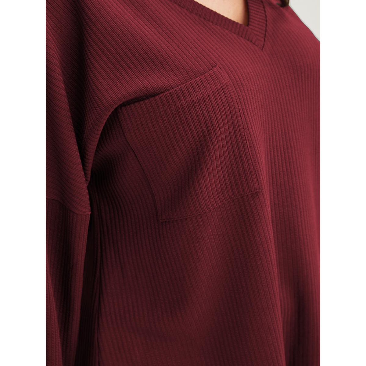 Plus Size Solid Drop Shoulder Pocket Arc Hem Rib Knit Sweatshirt Women Burgundy Elegant Plain V-neck Dailywear Sweatshirts BloomChic 26/4X Product Image