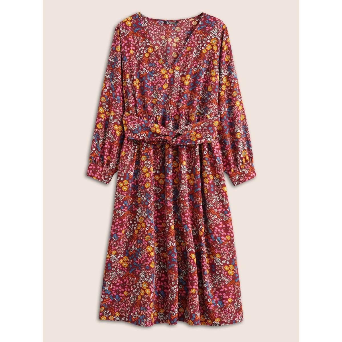Plus Size Ditsy Floral Twist Front Lantern Sleeve Dress Maroon Women Elegant Non V-neck Long Sleeve Curvy Midi Dress BloomChic 22-24/3X Product Image