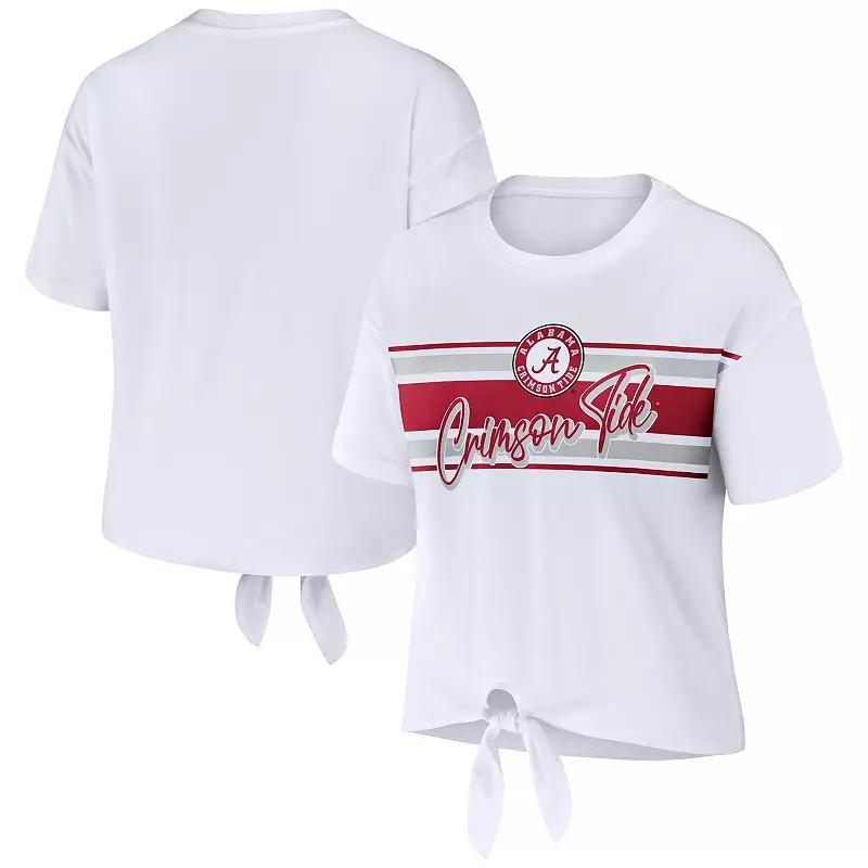 Women's WEAR by Erin Andrews White Alabama Crimson Tide Striped Front Knot Cropped T-Shirt,  Product Image