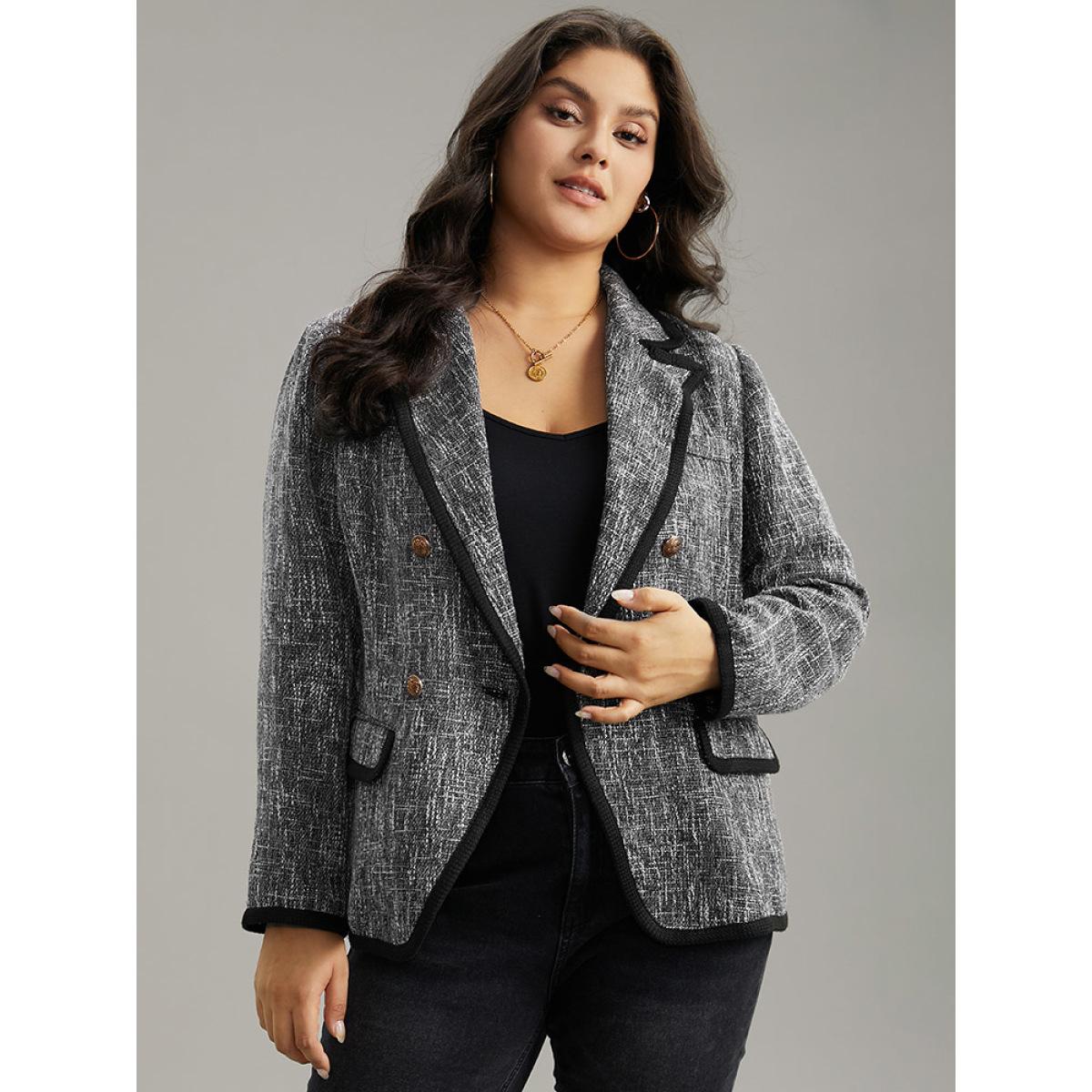 Plus Size Tweed Suit Collar Contrast Trim Blazer DimGray Women Dailywear Plain Contrast Sleeve Long Sleeve Suit Collar 12/L Pocket Casual Blazers BloomChic Product Image