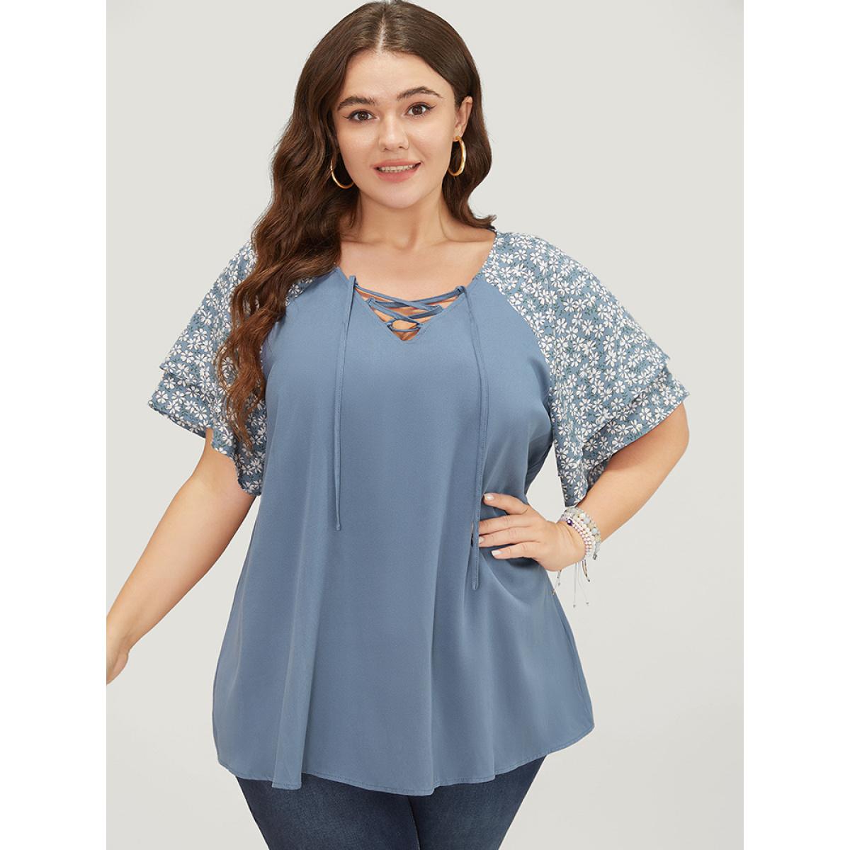 Plus Size Stone Ditsy Floral Raglan Sleeve Ruffle Tiered Lace Up Blouse Women Elegant Short sleeve Tie Neck Dailywear Blouses BloomChic 10/M Product Image