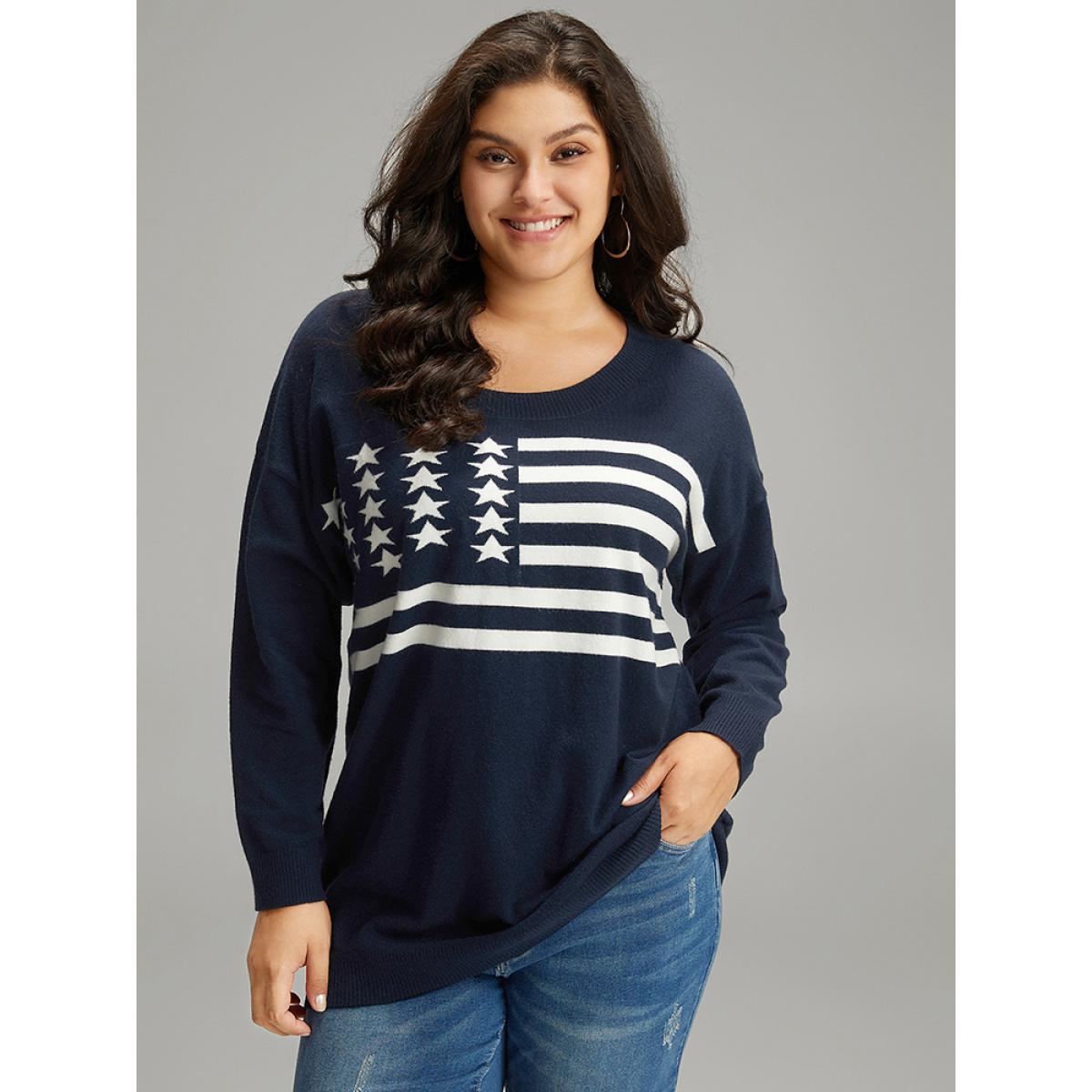 Plus Size Supersoft Essentials Flag Print Loose Pullover Midnight Women Casual Loose Long Sleeve Round Neck Everyday Pullovers BloomChic 14-16/1X Product Image
