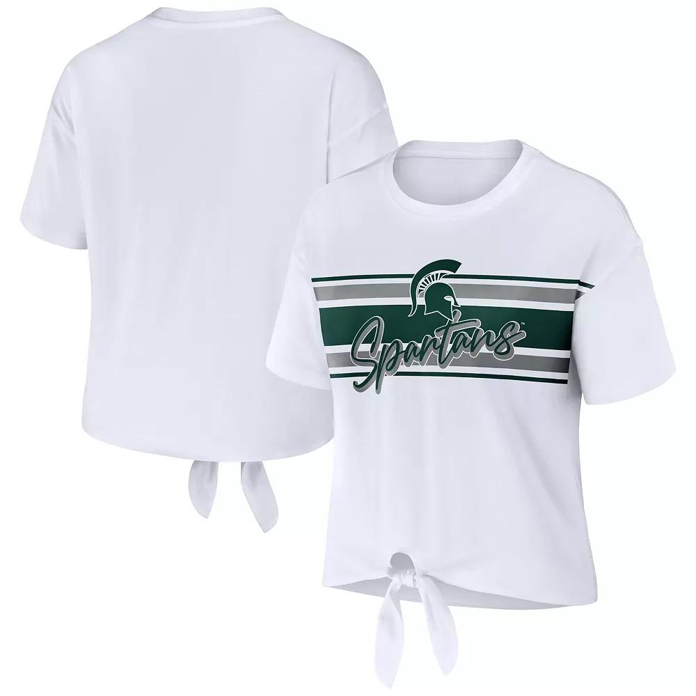 Women's WEAR by Erin Andrews White Michigan State Spartans Striped Front Knot Cropped T-Shirt,  Product Image