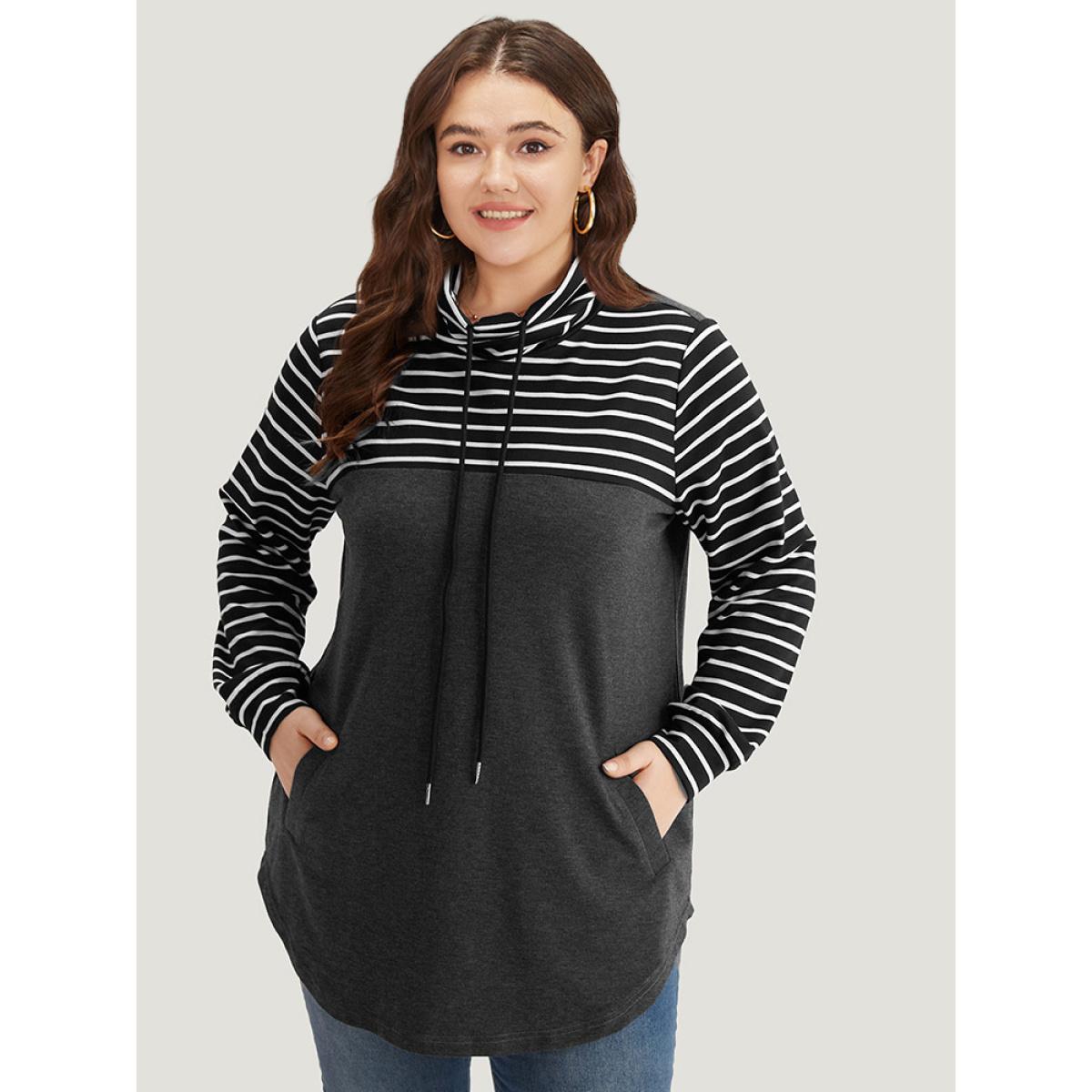 Plus Size Mock Neck Striped Patchwork Drawstring Sweatshirt Women Indigo Casual Contrast Mock Neck Everyday Sweatshirts BloomChic 22-24/3X Product Image