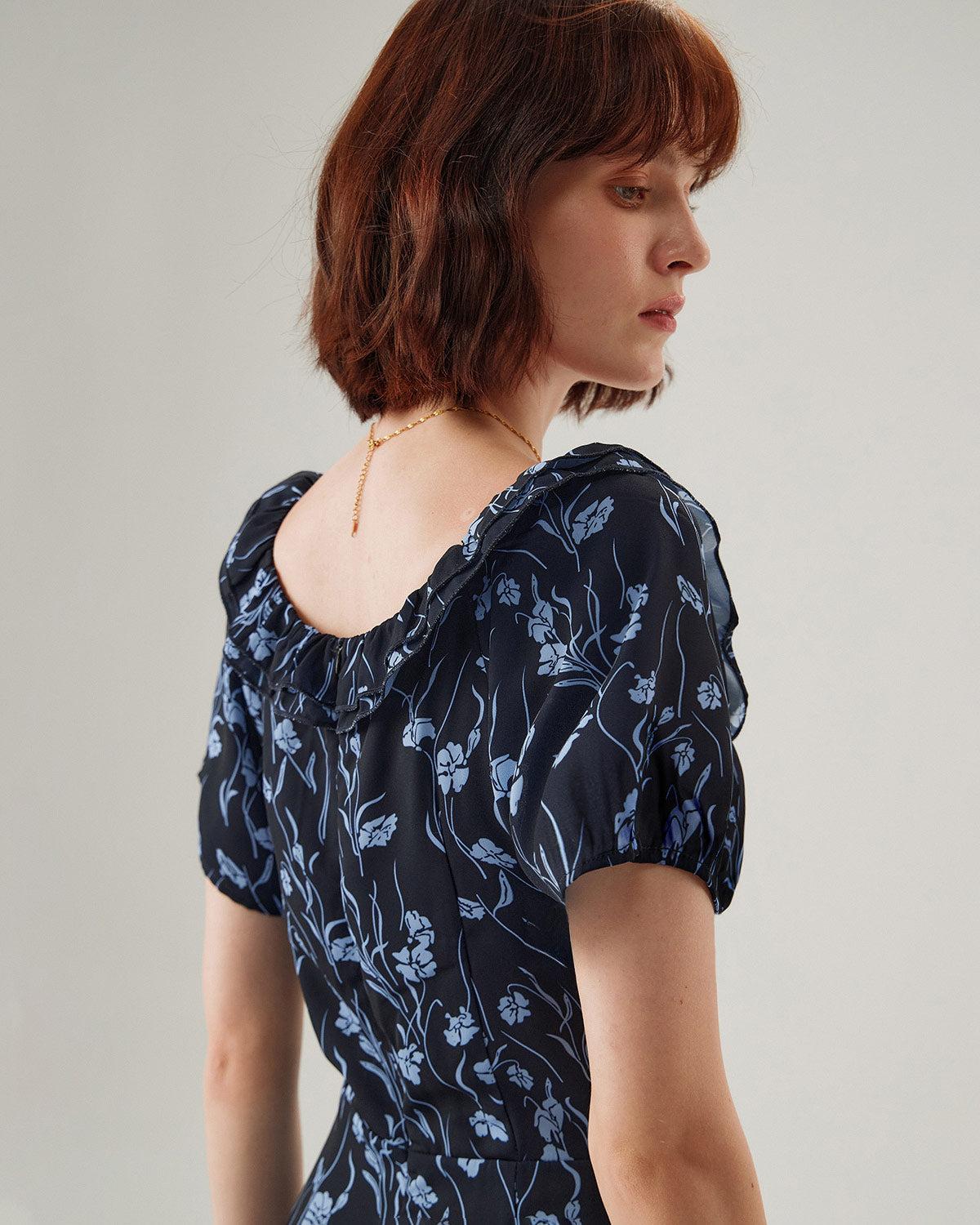 Navy Floral U-Neck Puffed-Sleeve Maxi Dress Product Image