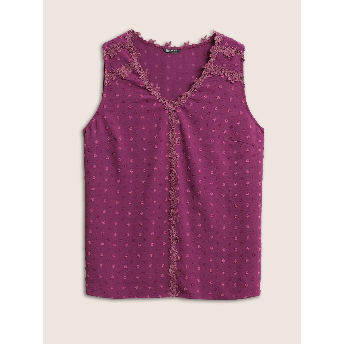 Plus Size Solid V Neck Lace Panel Textured Tank Top Women Purple Elegant Texture Work Tank Tops Camis BloomChic 12/L Product Image