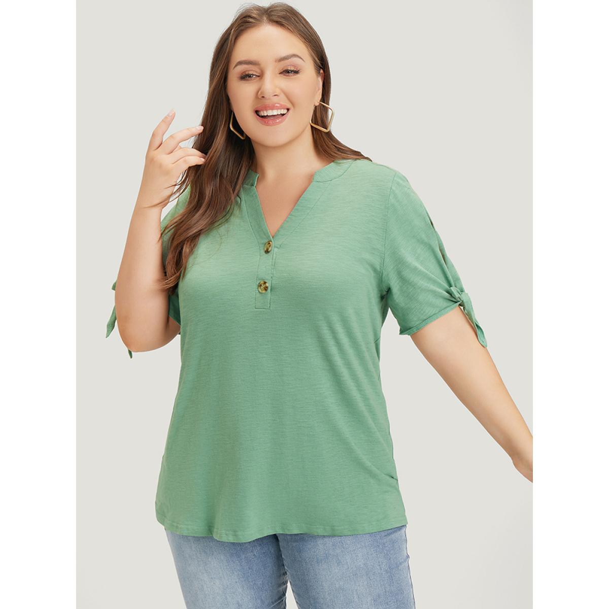Plus Size Solid Button Up Notched Knot Sleeve Cut Out T-shirt Mint Women Casual Heather Plain Notched collar Dailywear T-shirts BloomChic 22-24/3X Product Image