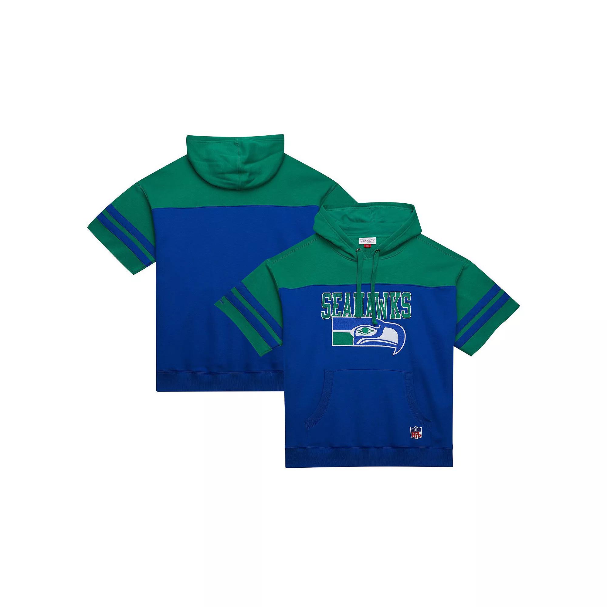Men's Mitchell & Ness Royal Seattle Seahawks Off Field Vintage Logo Short Sleeve Pullover Hoodie,  Product Image