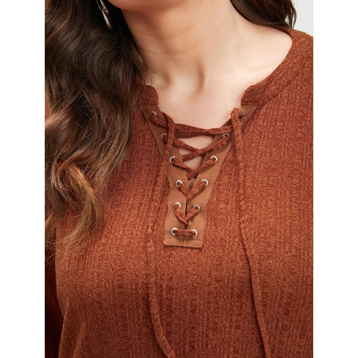 Plus Size Solid Pocket Lace Up Arc Hem Dress Without Belt Rust Women Elegant Cross straps V-neck Long Sleeve Curvy Midi Dress BloomChic 28/5X Product Image