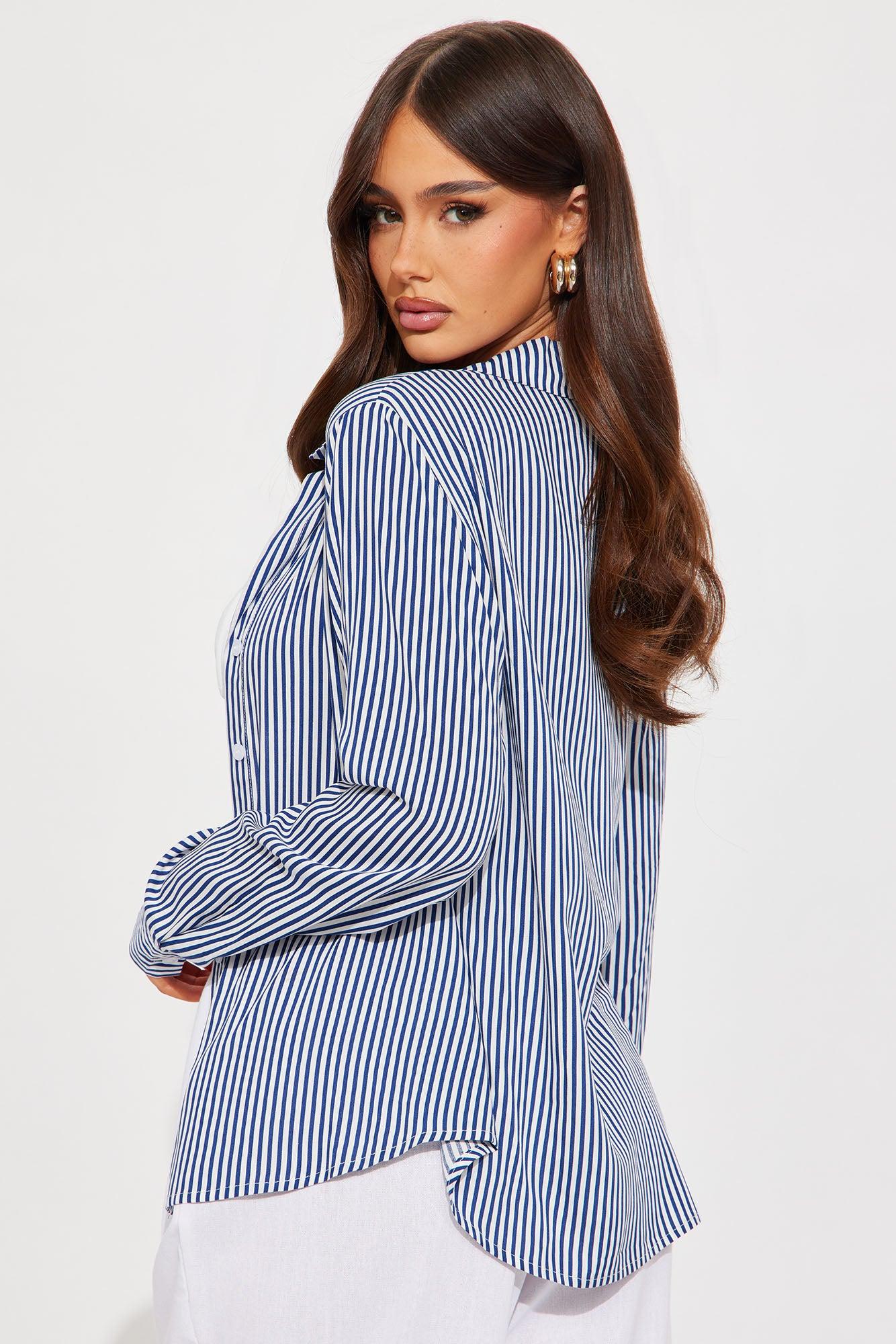 Hit The City Striped Challis Shirt - White/Blue Female Product Image