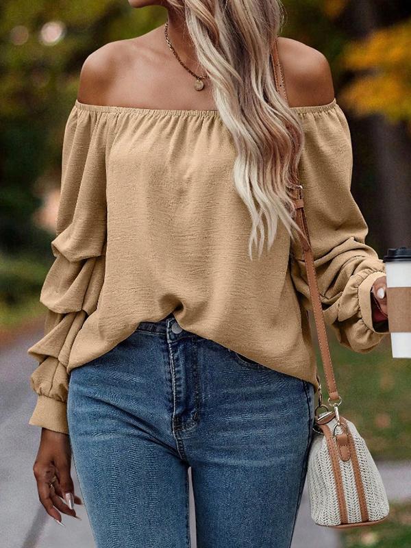 Long Sleeves Loose Elasticity Pleated Solid Color Off-The-Shoulder Blouses&Shirts Tops Product Image