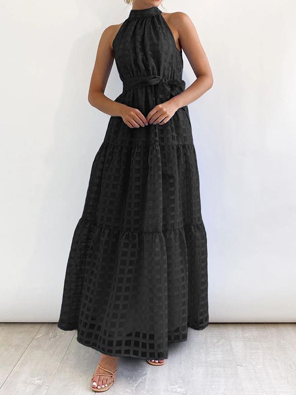 Loose Sleeveless Plaid Ribbed Stand Collar Maxi Dresses Product Image