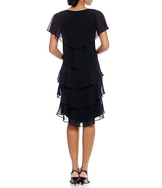 Ignite Evenings Petite Size Georgette V-Neck Short Sleeve Tiered Capelet Shift Dress Product Image